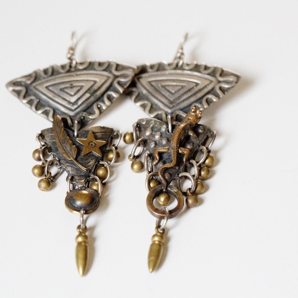Handmade Salamander Feather Mixed Metals Earrings